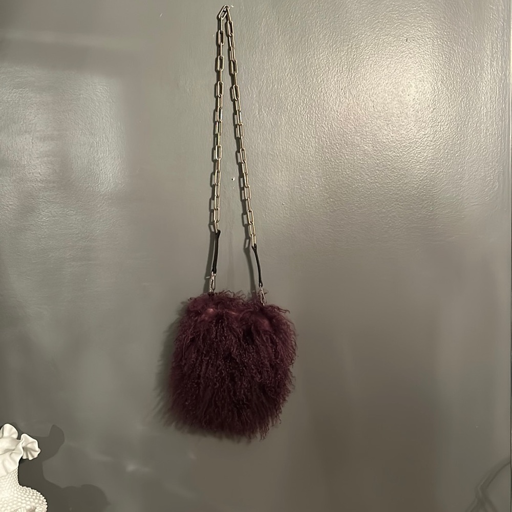 Vintage purple Mongolian Fur cross body bag with a leather and chain strap